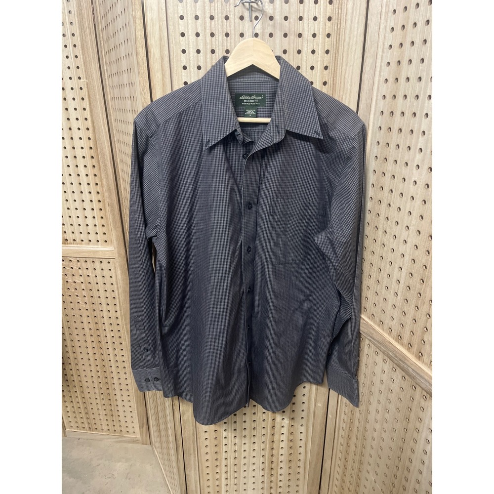 Eddie Bauer Mens Relaxed Fit Wrinkle Resistant Grid Button Down Shirt Navy S